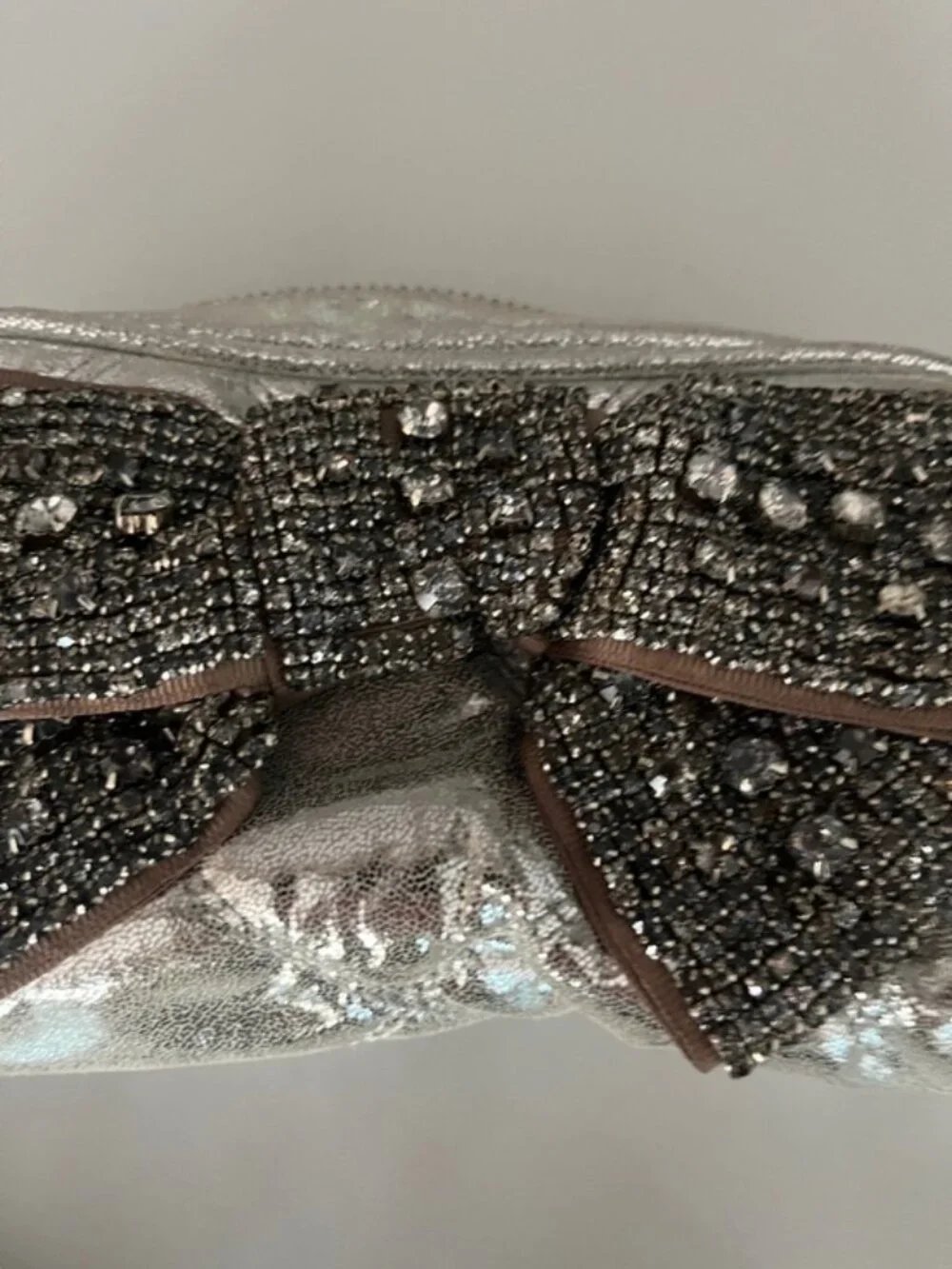 Deux Lux Silver Metallic Rhinestone Bow Wristlet Clutch | Glam Evening Bag
